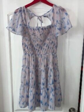 Storia Light Blue & Pink Smocked Tiered Midi Dress